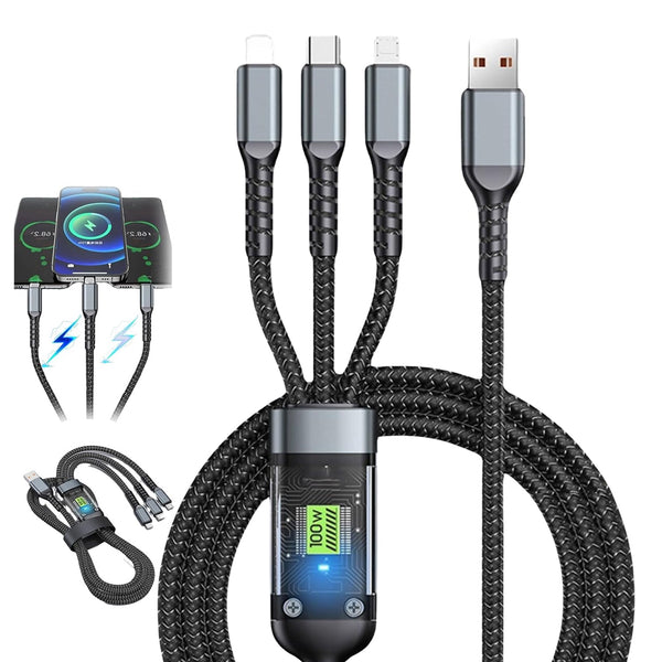 3-in-1 Super Fast Charging Cable 100w, Multifunctional Convenient Super Fast Charging Cable Nylon Braided Cord, 3-in-1 Silicone Zinc Alloy 3 Head Charging Cable