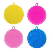 Non-stick silicone dish scrubber sponge in assorted colors.